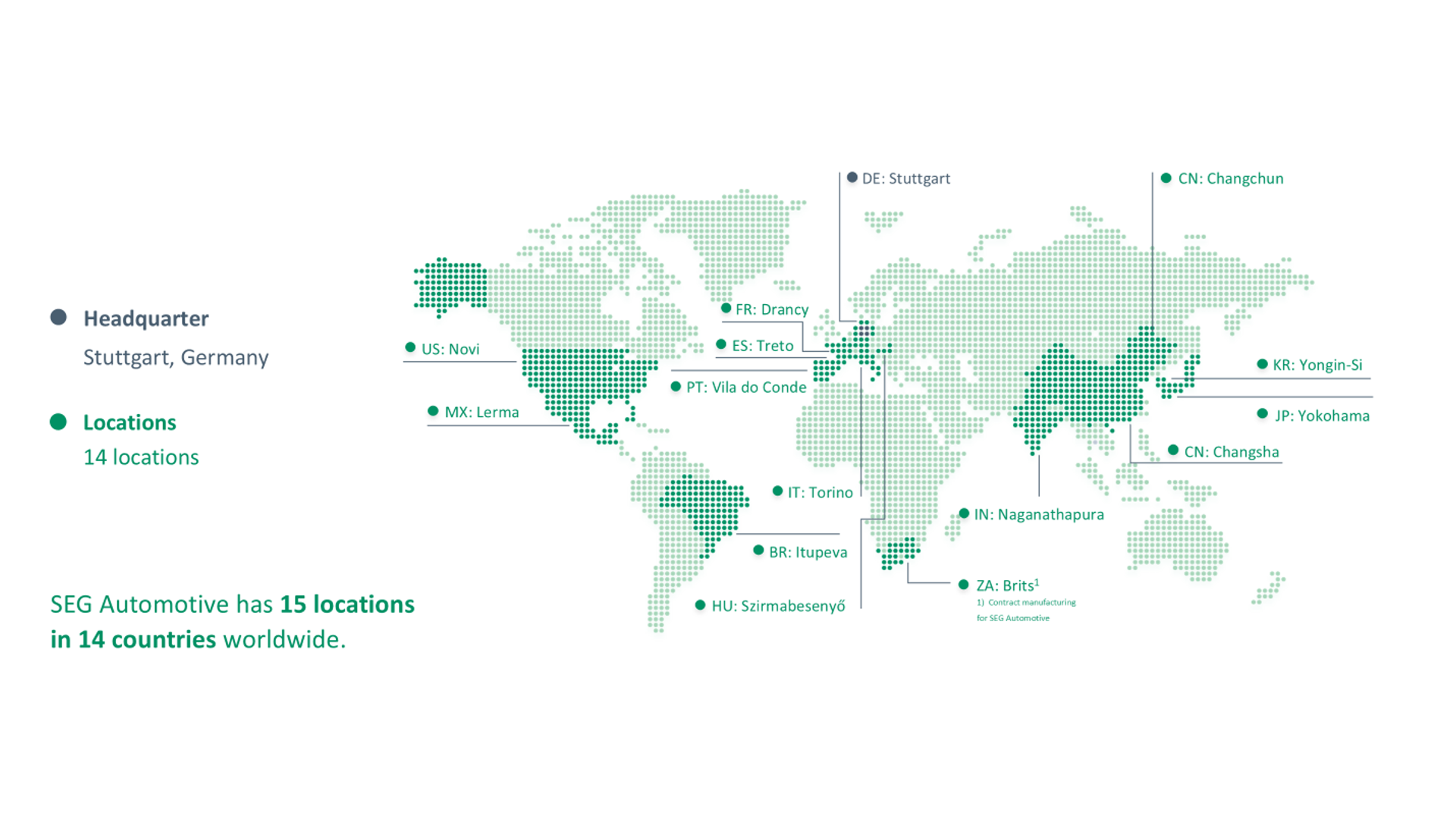 エスイージーオートモーティブの拠点地図 世界地図 SEG Automotive branches map